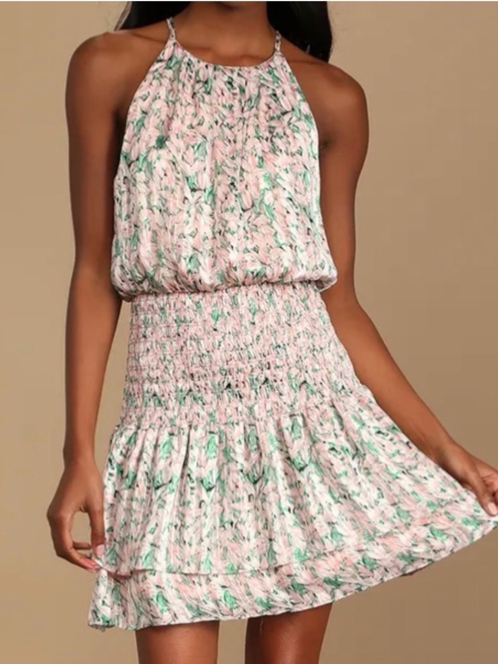 Lulu's Pink Floral Halter Smocked Waist Mini Dress - New never worn